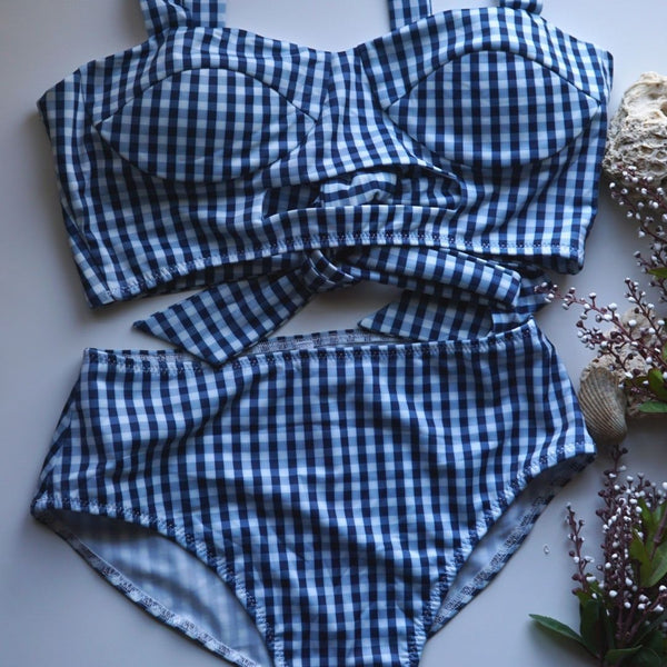 50’s BowTie  Blue Plaided Bikini